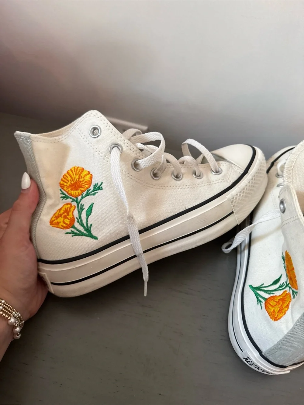 Converse White High Top Sneakers with Yellow Floral Detail